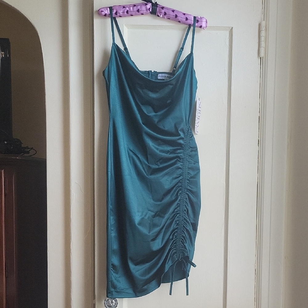 NWT Satin Elegant Teal Ruched Dress